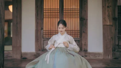 은은한 아이보리 저고리와 연녹색 치마가 우아하게 어우러진 여성 한복