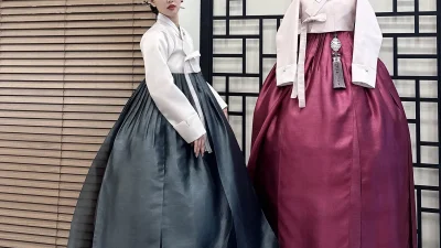 흰 저고리와 은회색 치마가 우아하게 어우러진 여성 혼주 한복