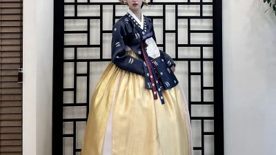 자수 저고리와 골드 빛 치마가 우아한 여성 혼주 한복