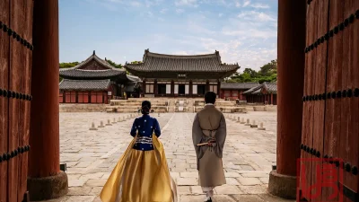 남색 저고리와 화려한 금빛 치마가 돋보이는 한복 커플 야외 촬영