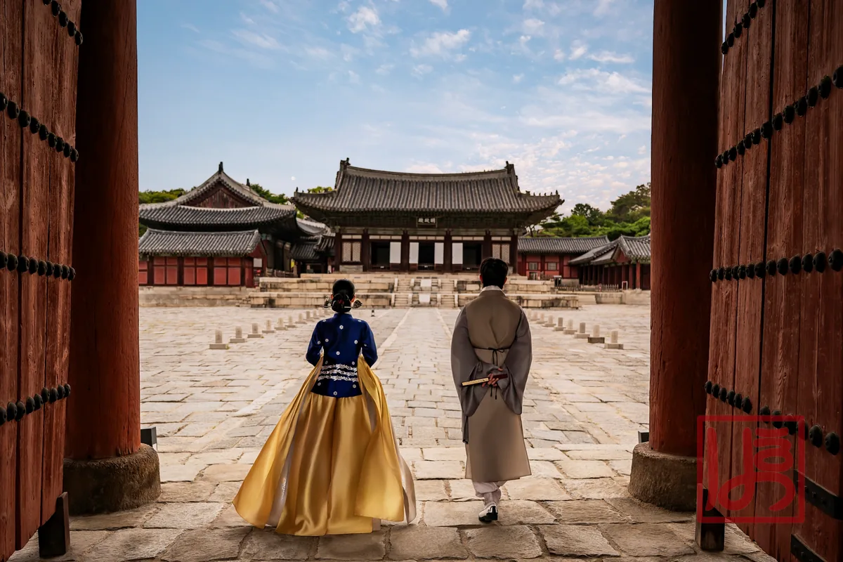 남색 저고리와 화려한 금빛 치마가 돋보이는 한복 커플 야외 촬영