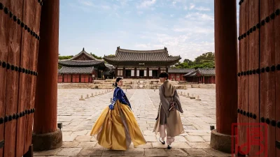 남색 저고리와 황금빛 치마가 화려한 궁중 스타일 커플 한복